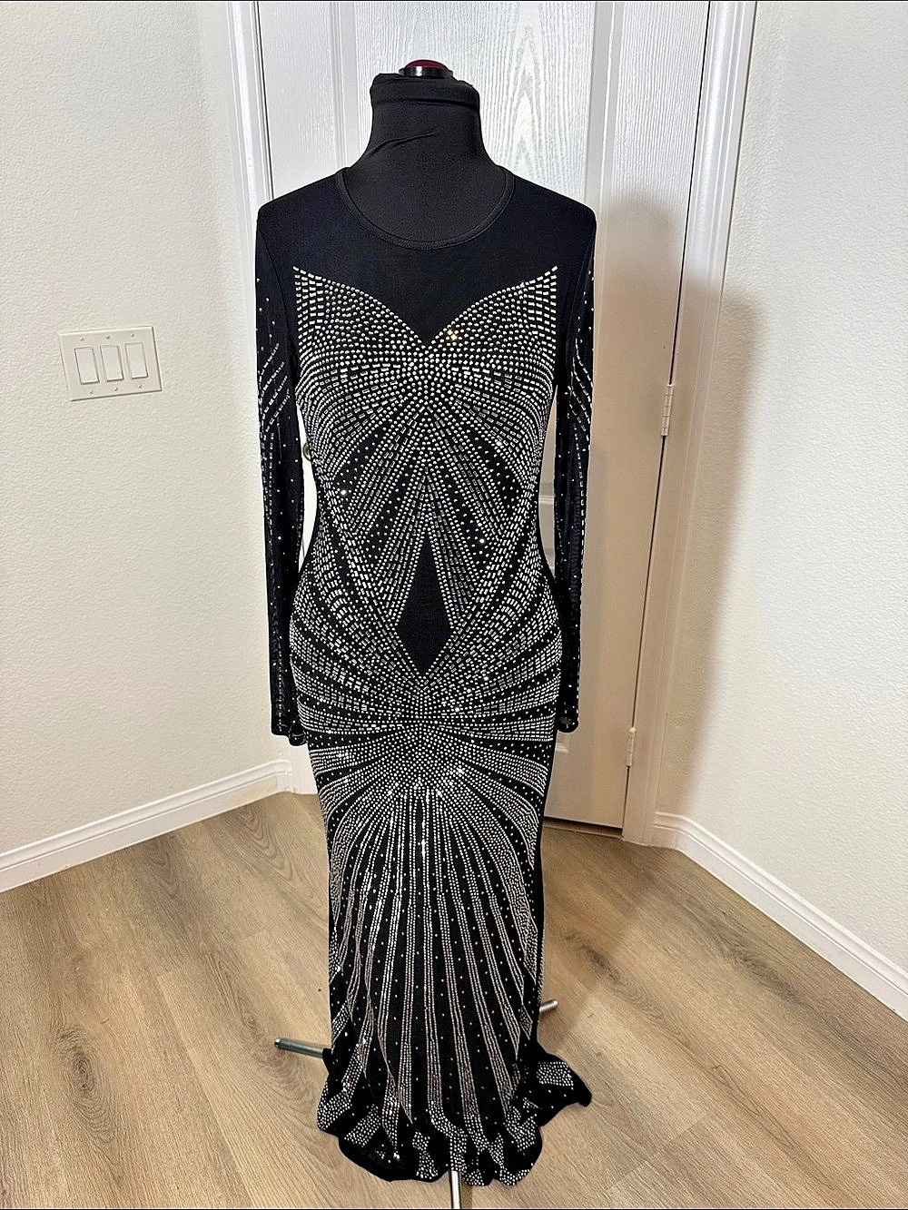 Sexy Sheer Rhinestone Geometric Maxi Dress
